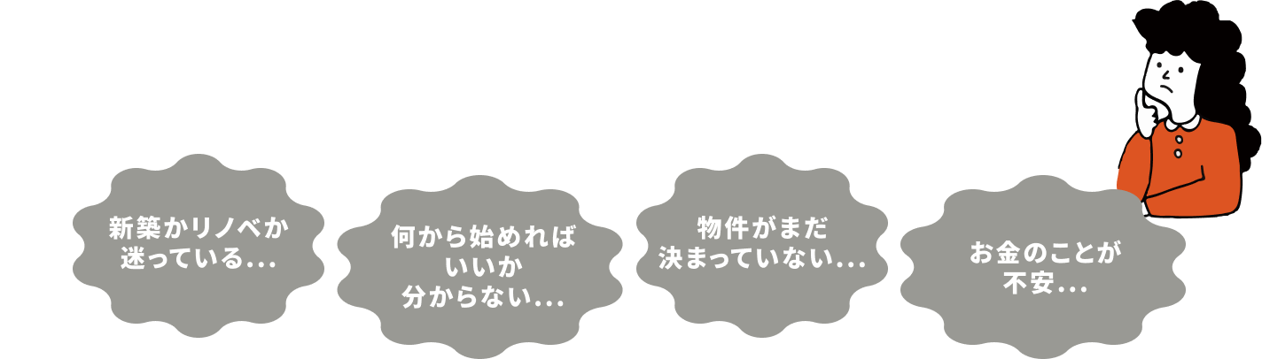 新築かリノベか迷っている.../何から始めればいいか分からない.../物件がまだ決まっていない.../お金のことが不安...