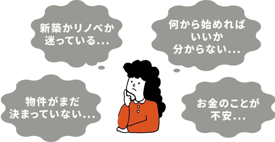 新築かリノベか迷っている.../何から始めればいいか分からない.../物件がまだ決まっていない.../お金のことが不安...